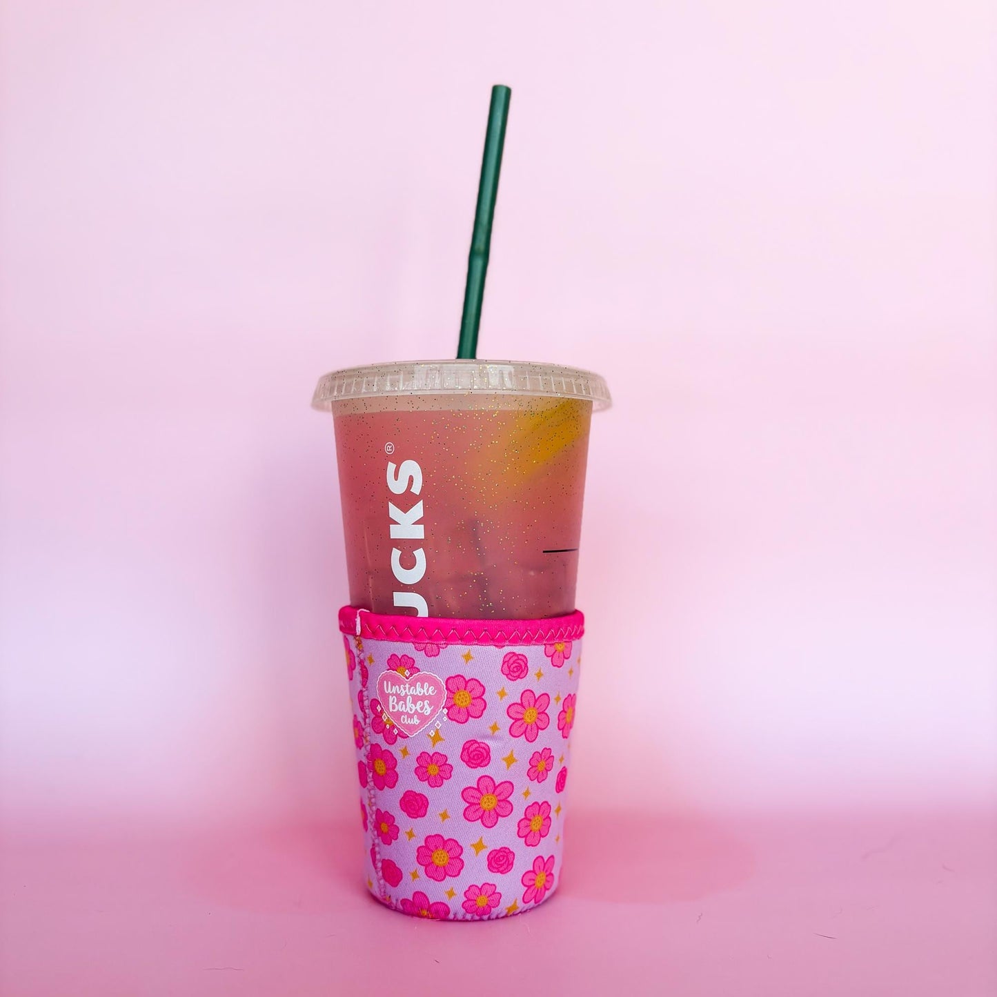 Unstable Babes Club Coffee Cozy | Pink Floral Reusable Iced Coffee Sleeve | Neoprene Cold Cup Holder | Cute Summer Drink Accessory