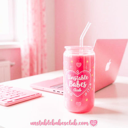 Glass Can Tumbler | Unstable Babes Club | 16oz Iced Coffee Cup with Lid and Straw |