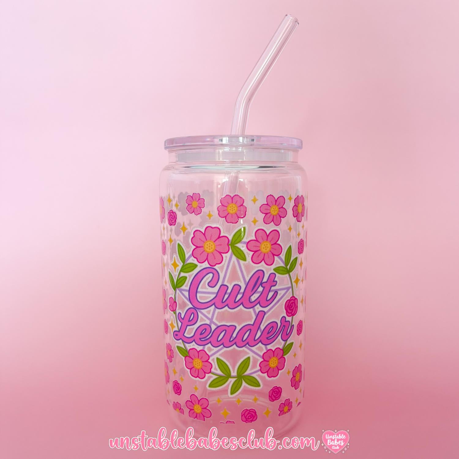 Glass Can Tumbler | Cult Leader | 16oz Iced Coffee Cup with Lid and Straw |