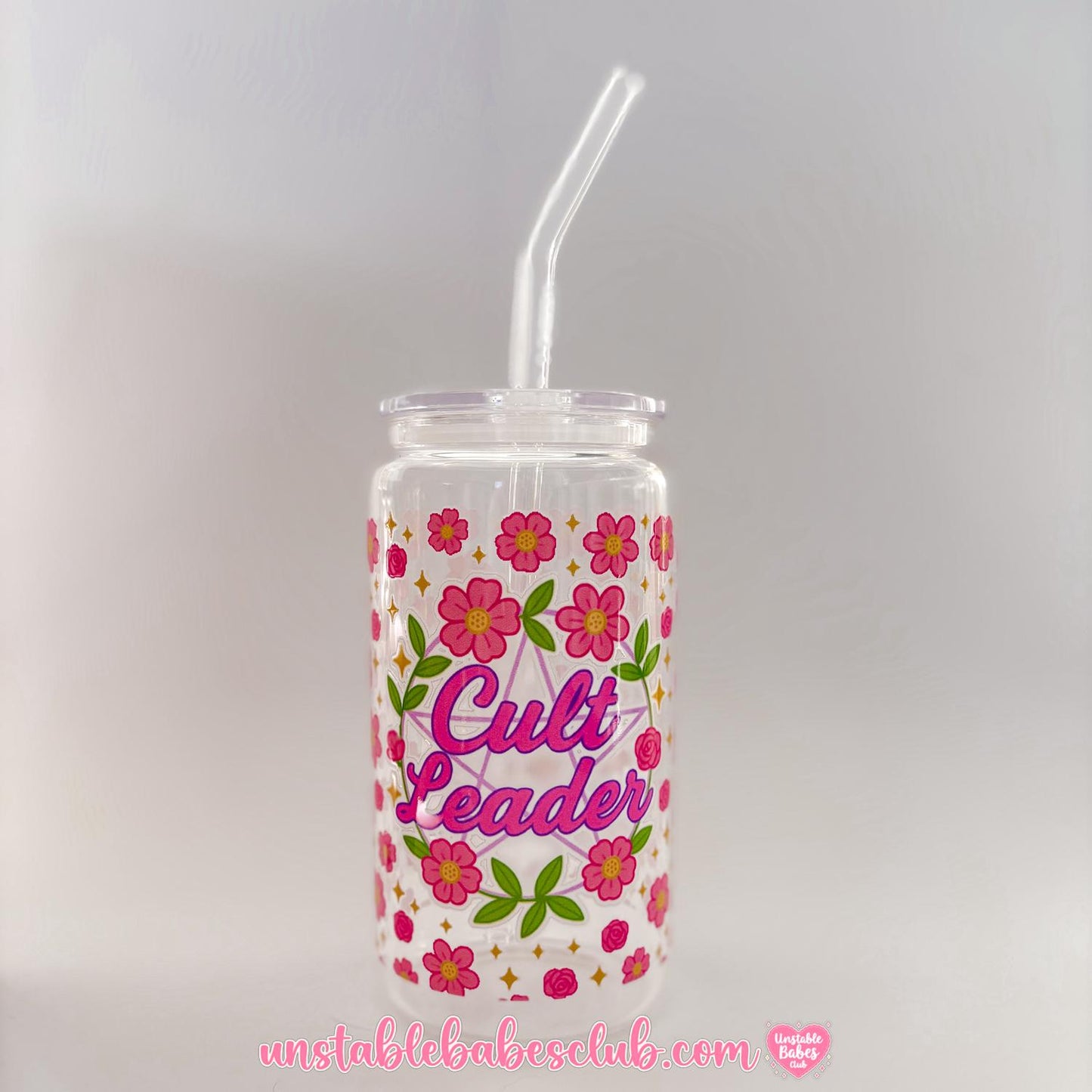 Glass Can Tumbler | Cult Leader | 16oz Iced Coffee Cup with Lid and Straw |