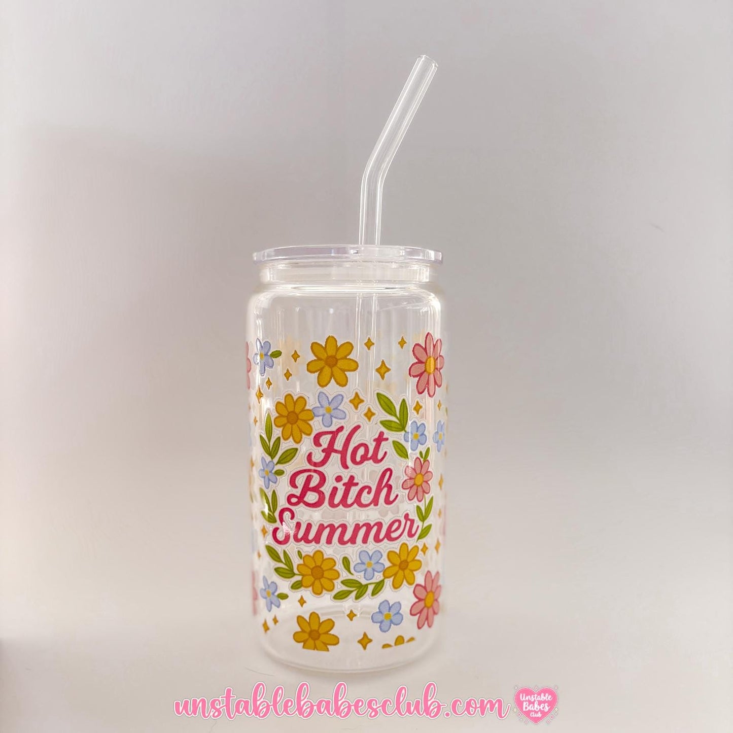 Glass Can Tumbler | Hot B*tch Summer | 16oz Iced Coffee Cup with Lid and Straw |