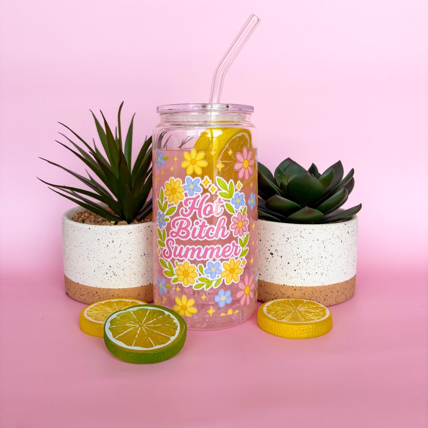 Glass Can Tumbler | Hot B*tch Summer | 16oz Iced Coffee Cup with Lid and Straw |