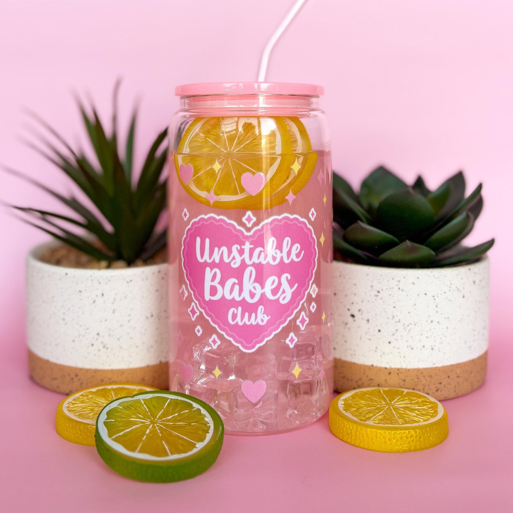Glass Can Tumbler | Unstable Babes Club | 16oz Iced Coffee Cup with Lid and Straw |