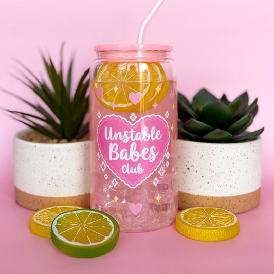 Glass Can Tumbler | Unstable Babes Club | 16oz Iced Coffee Cup with Lid and Straw |