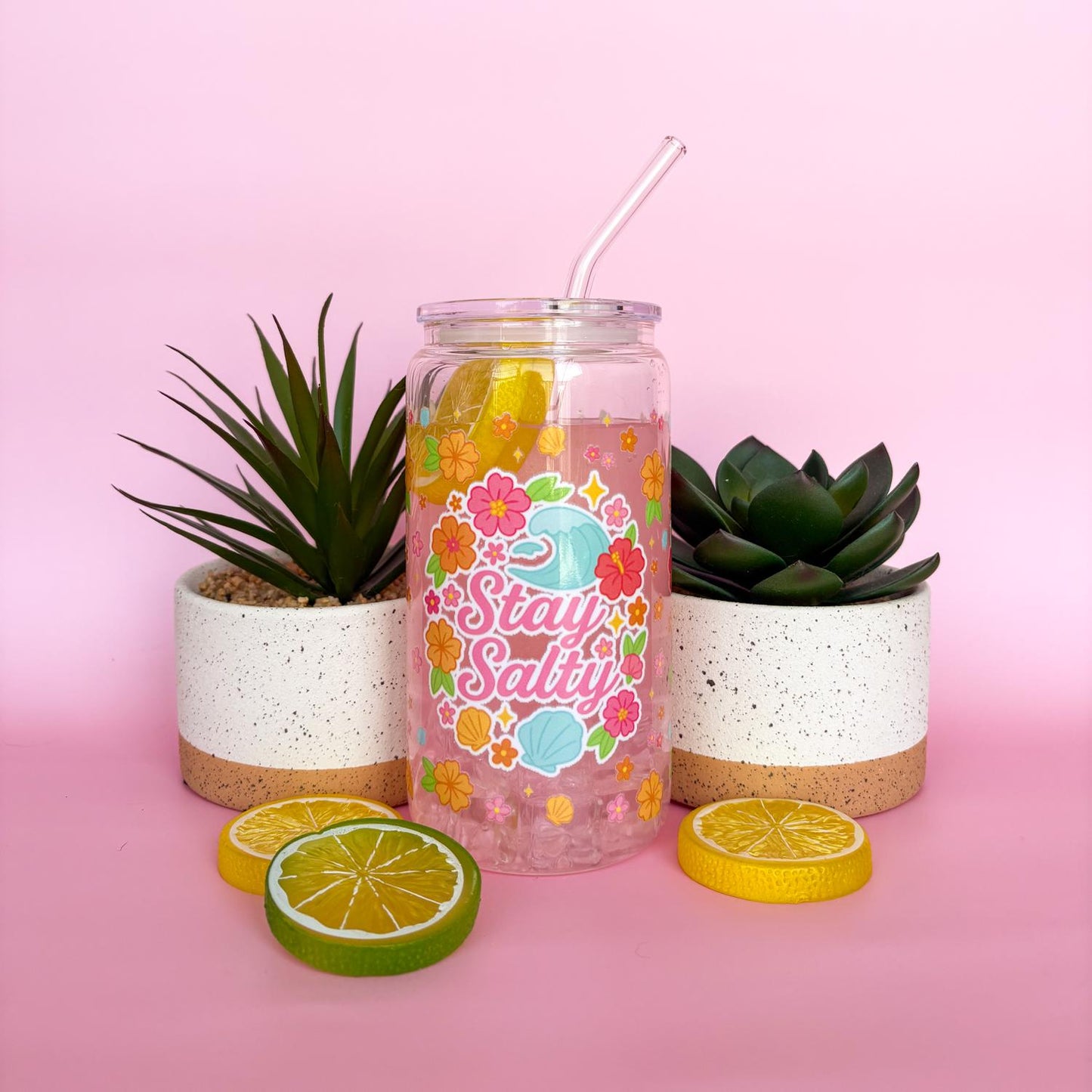 Glass Can Tumbler | Stay Salty | 16oz Iced Coffee Cup with Lid and Straw |