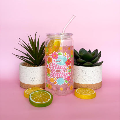 Glass Can Tumbler | Stay Salty | 16oz Iced Coffee Cup with Lid and Straw |