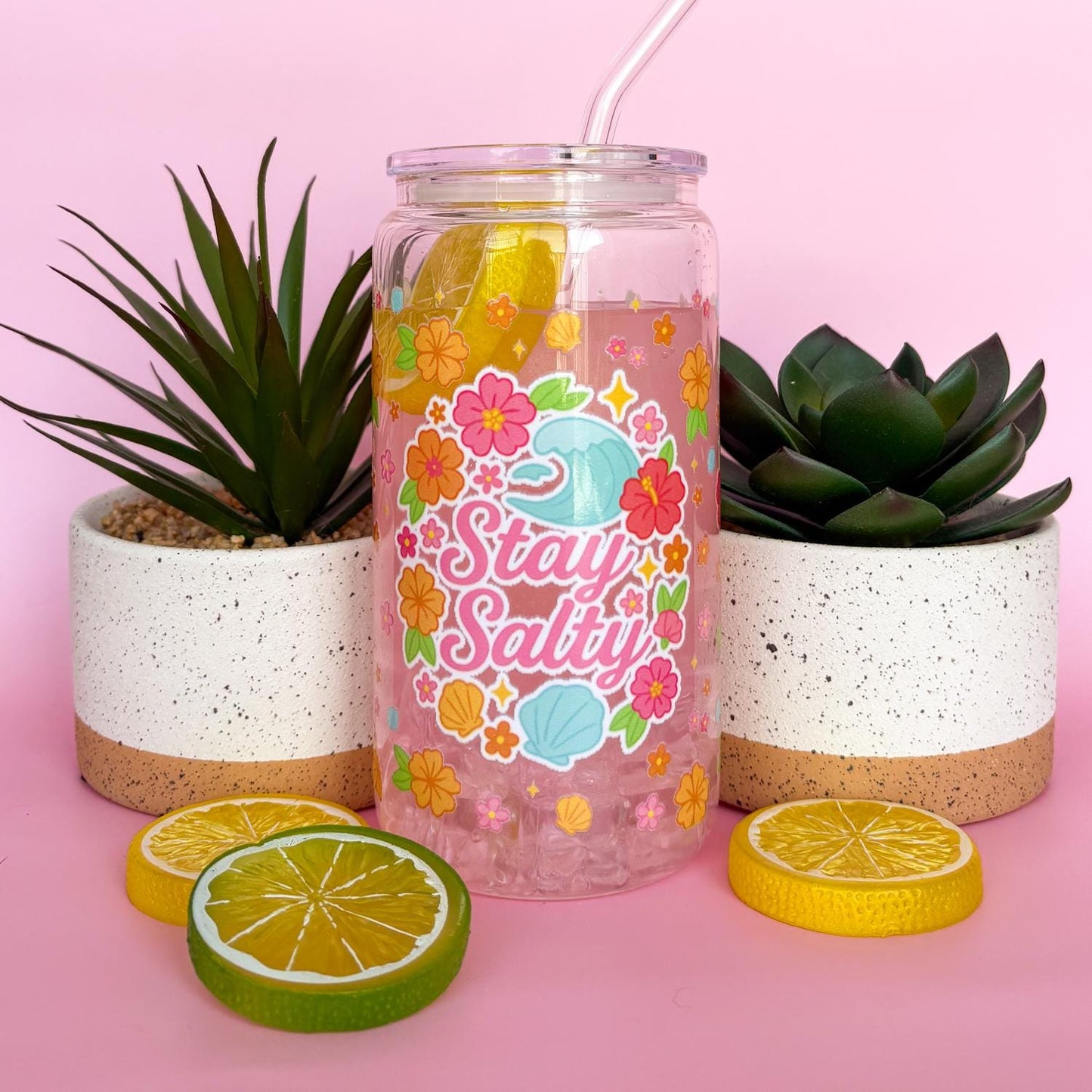 Glass Can Tumbler | Stay Salty | 16oz Iced Coffee Cup with Lid and Straw |