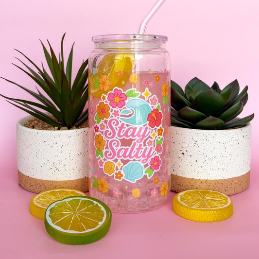 Glass Can Tumbler | Stay Salty | 16oz Iced Coffee Cup with Lid and Straw |