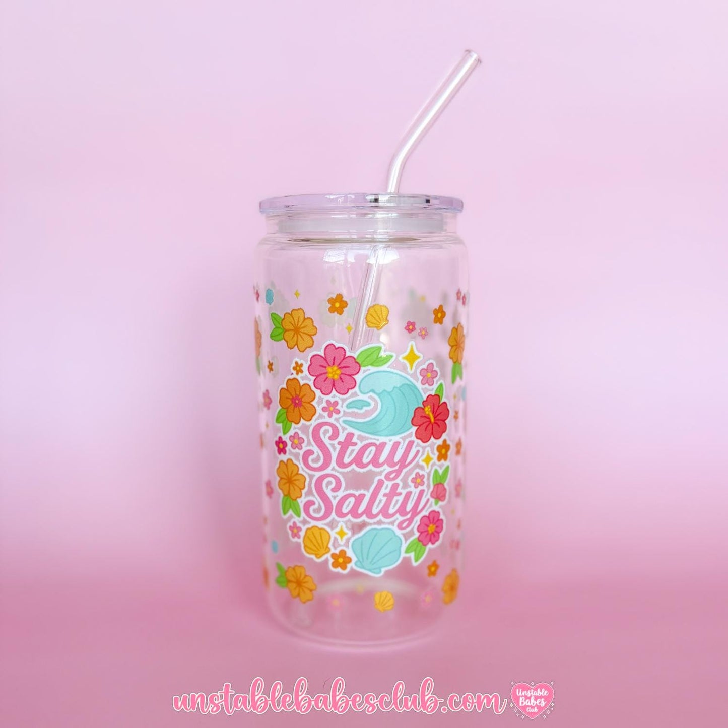 Glass Can Tumbler | Stay Salty | 16oz Iced Coffee Cup with Lid and Straw |