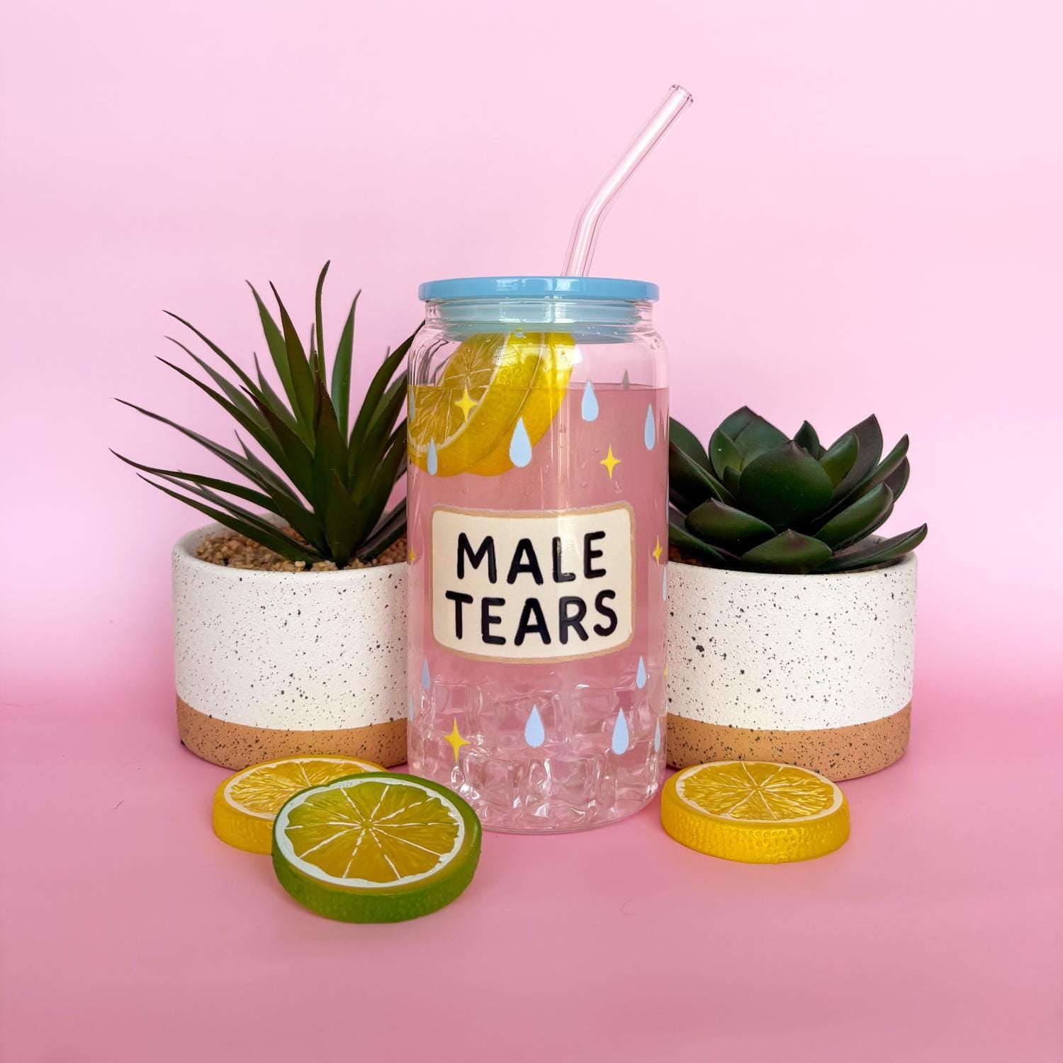 Glass Can Tumbler | Male Tears | 16oz Iced Coffee Cup with Lid and Straw |