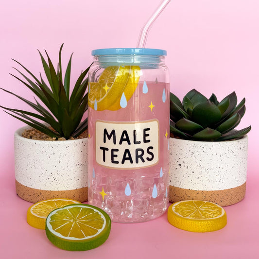 Glass Can Tumbler | Male Tears | 16oz Iced Coffee Cup with Lid and Straw |