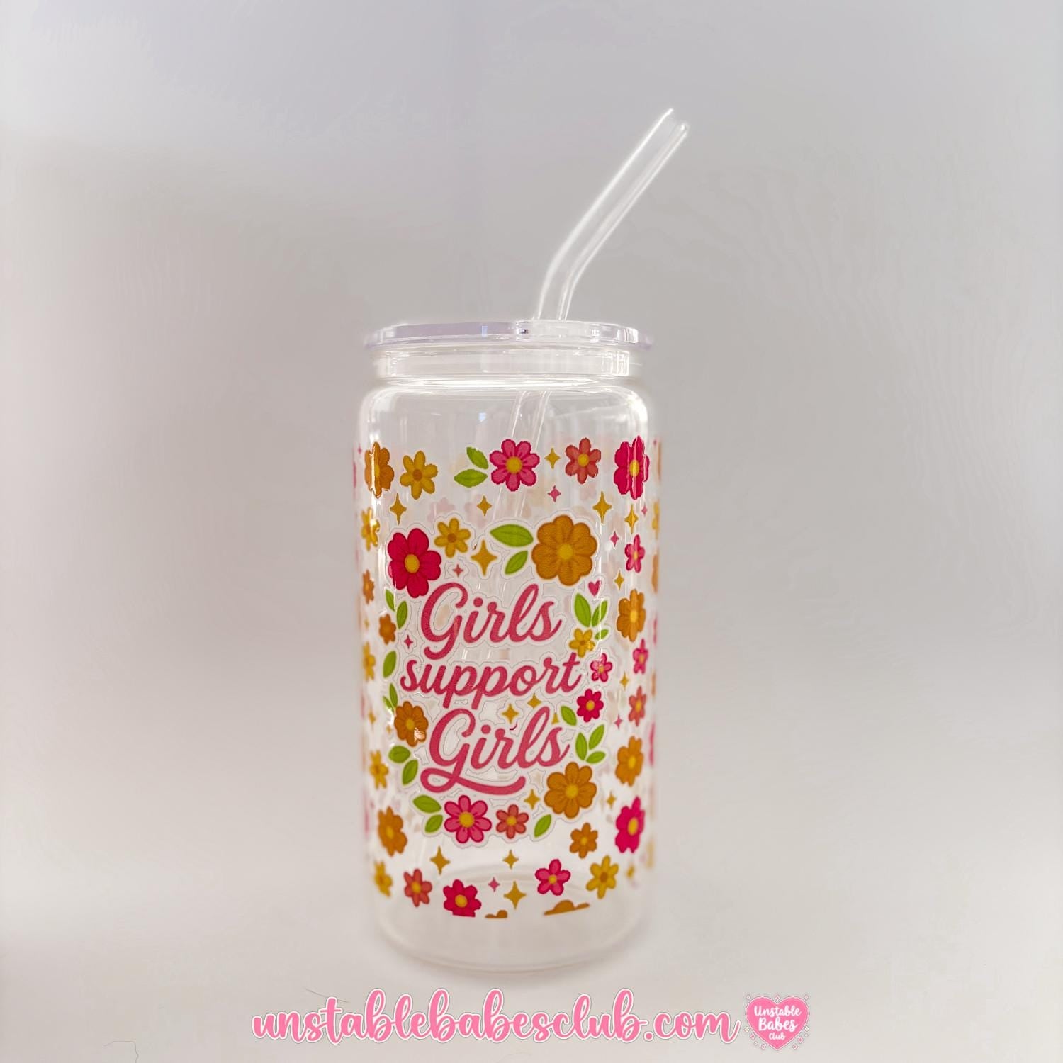 Glass Can Tumbler | Girls Support Girls | 16oz Iced Coffee Cup with Lid and Straw |