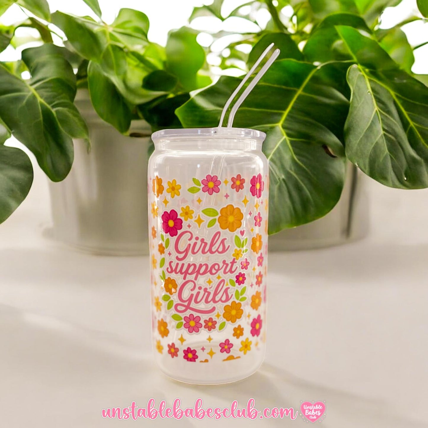 Glass Can Tumbler | Girls Support Girls | 16oz Iced Coffee Cup with Lid and Straw |