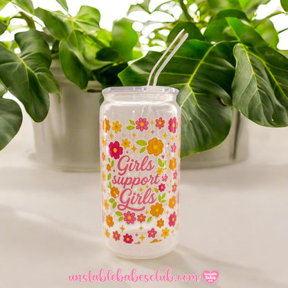Glass Can Tumbler | Girls Support Girls | 16oz Iced Coffee Cup with Lid and Straw |