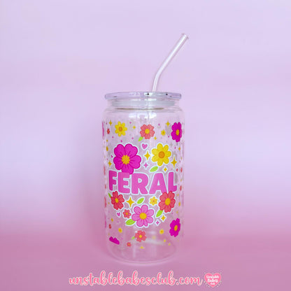 Glass Can Tumbler | Feral | 16oz Iced Coffee Cup with Lid and Straw |