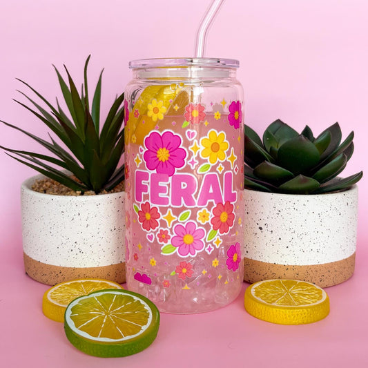 Glass Can Tumbler | Feral | 16oz Iced Coffee Cup with Lid and Straw |