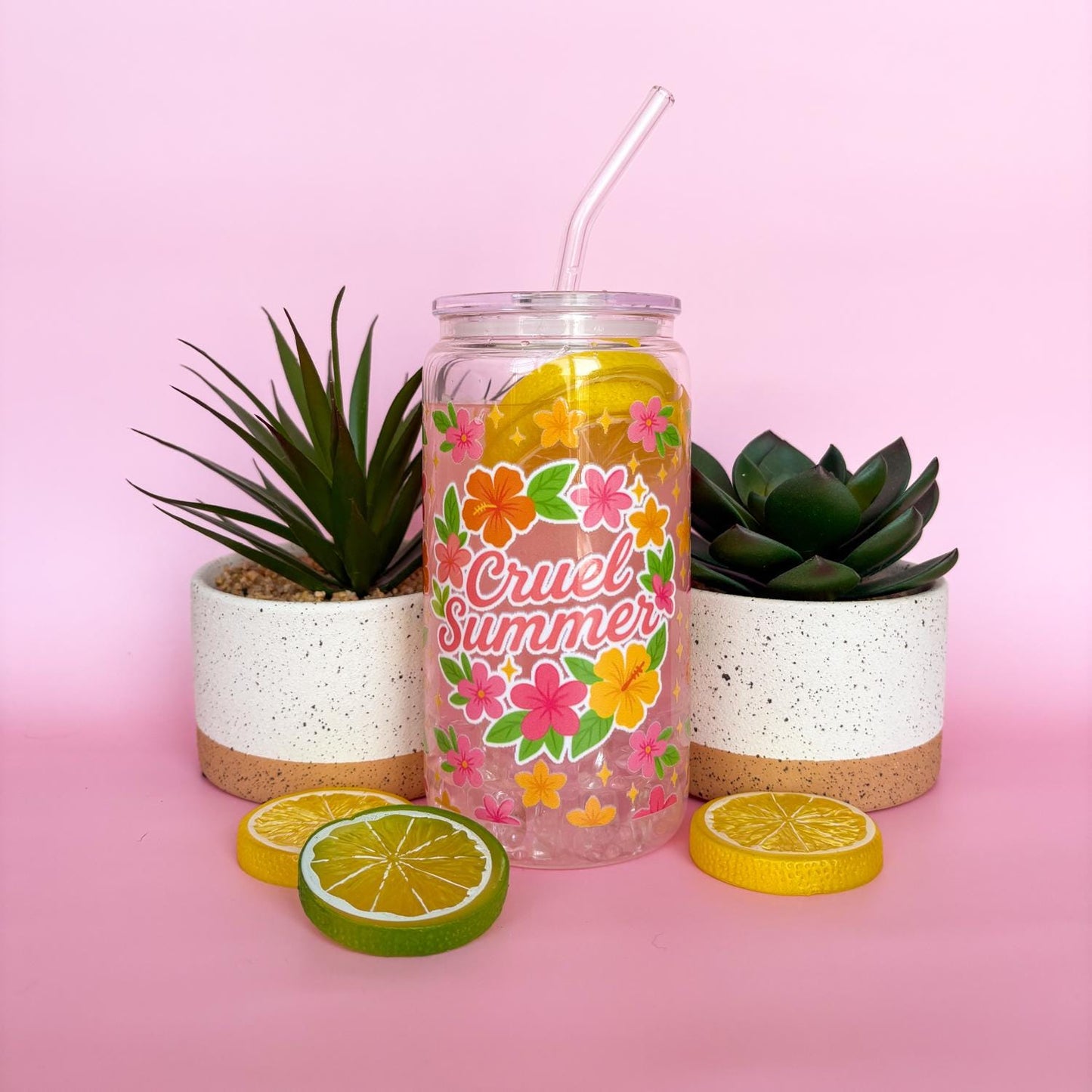 Glass Can Tumbler | Cruel Summer | 16oz Iced Coffee Cup with Lid and Straw |