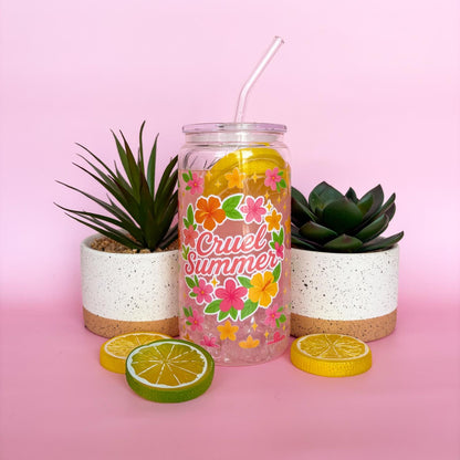 Glass Can Tumbler | Cruel Summer | 16oz Iced Coffee Cup with Lid and Straw |