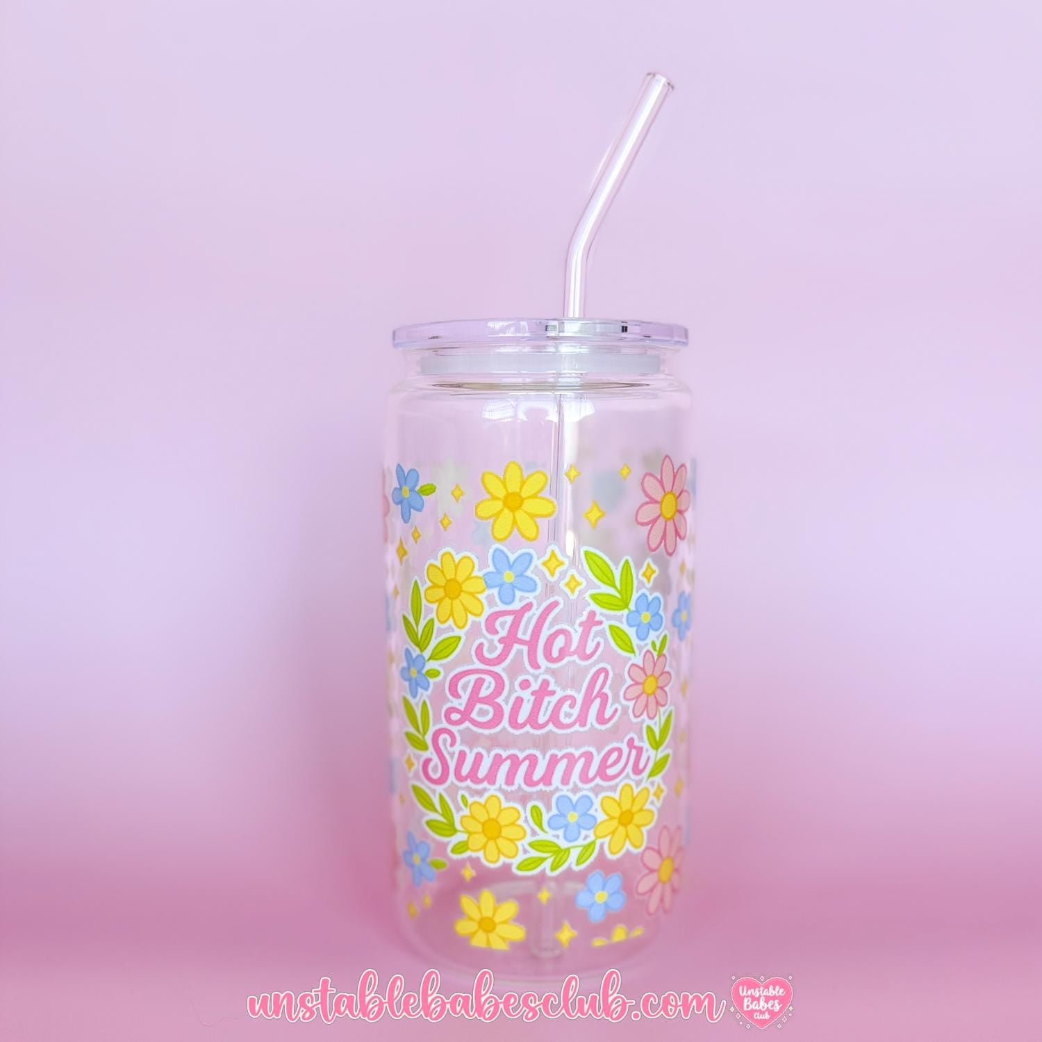Glass Can Tumbler | Hot B*tch Summer | 16oz Iced Coffee Cup with Lid and Straw |