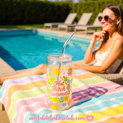 Glass Can Tumbler | Hot B*tch Summer | 16oz Iced Coffee Cup with Lid and Straw |