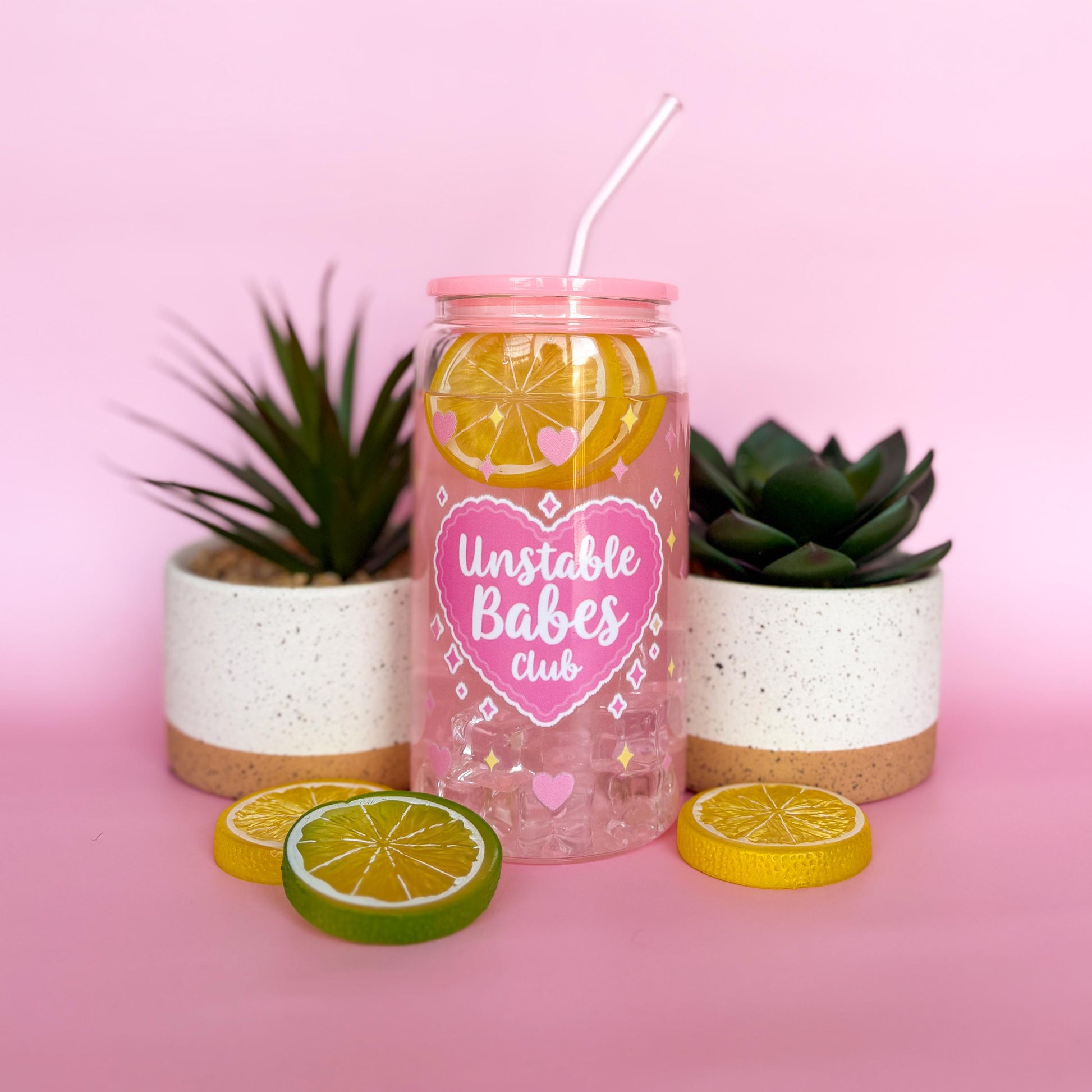 Glass Can Tumbler | Unstable Babes Club | 16oz Iced Coffee Cup with Lid and Straw |