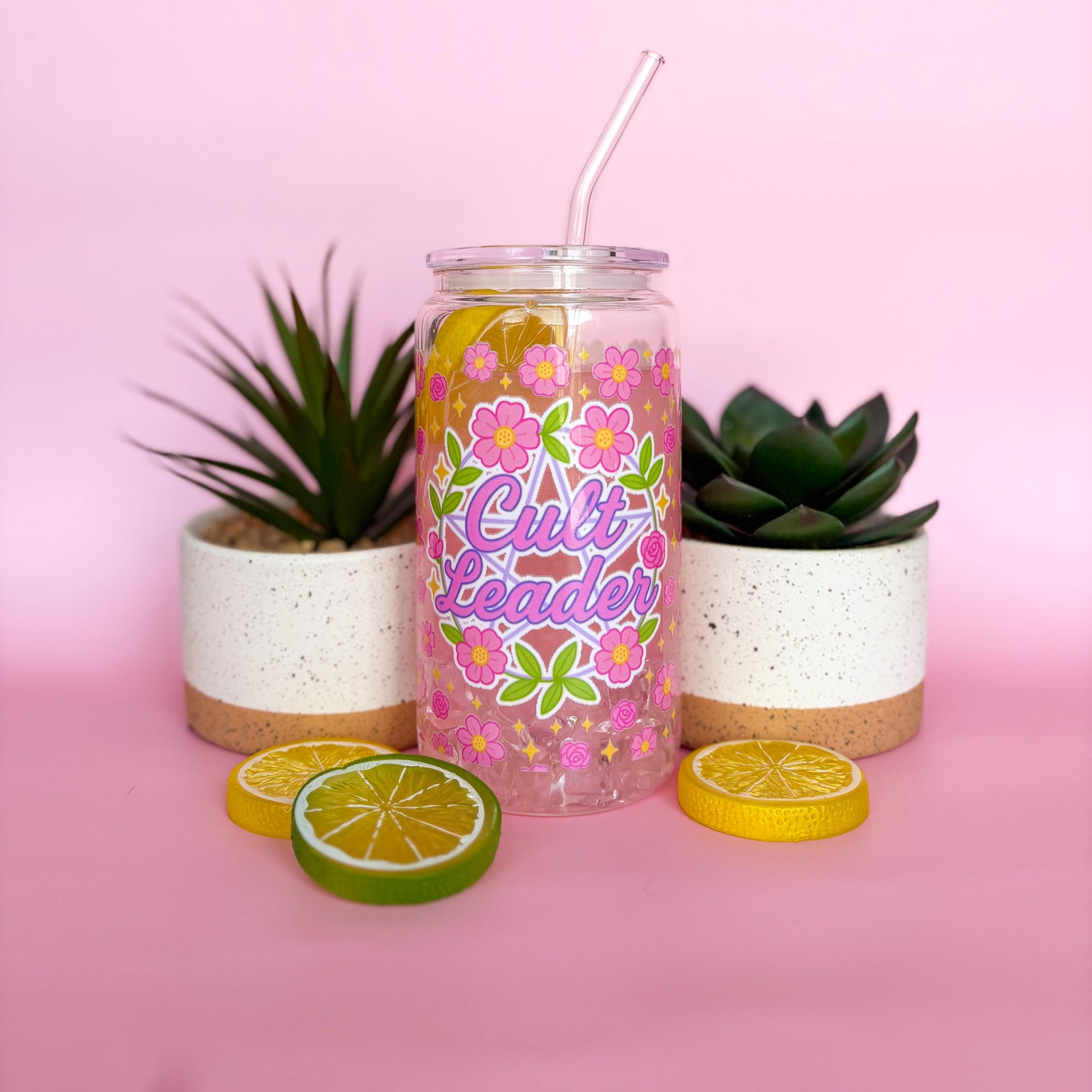 Glass Can Tumbler | Cult Leader | 16oz Iced Coffee Cup with Lid and Straw |