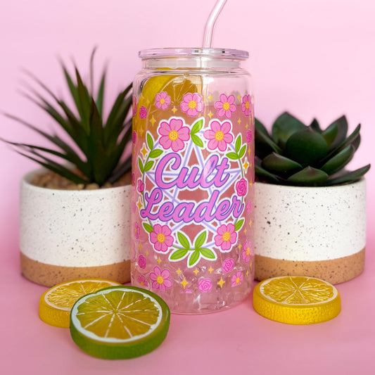 Glass Can Tumbler | Cult Leader | 16oz Iced Coffee Cup with Lid and Straw |