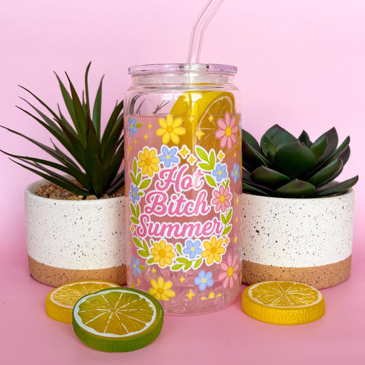 Glass Can Tumbler | Hot B*tch Summer | 16oz Iced Coffee Cup with Lid and Straw |