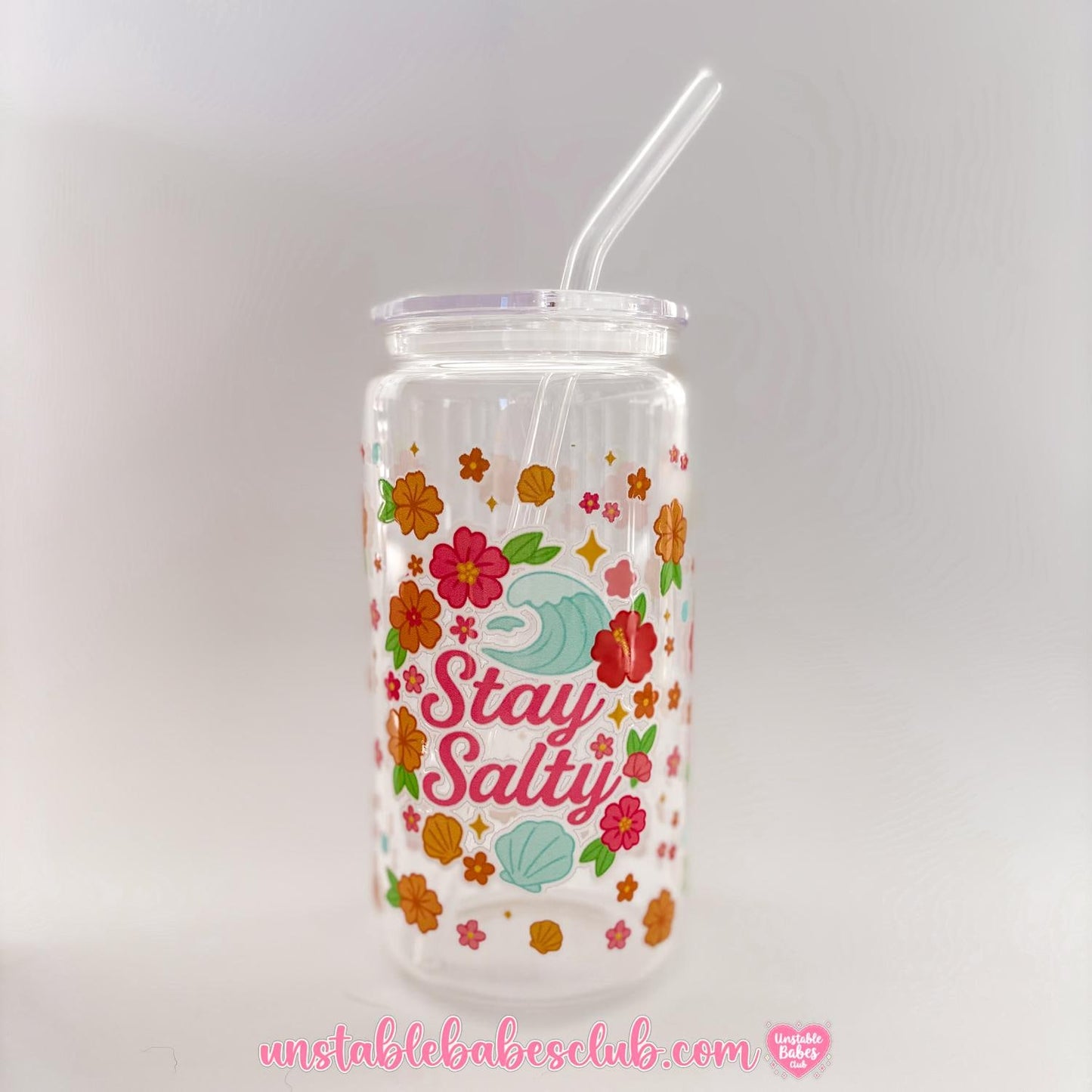 Glass Can Tumbler | Stay Salty | 16oz Iced Coffee Cup with Lid and Straw |