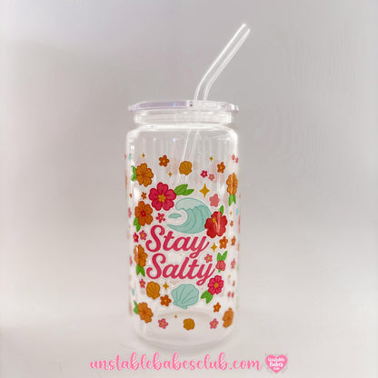 Glass Can Tumbler | Stay Salty | 16oz Iced Coffee Cup with Lid and Straw |