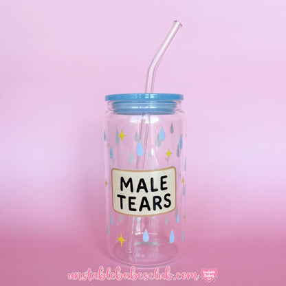 Glass Can Tumbler | Male Tears | 16oz Iced Coffee Cup with Lid and Straw |