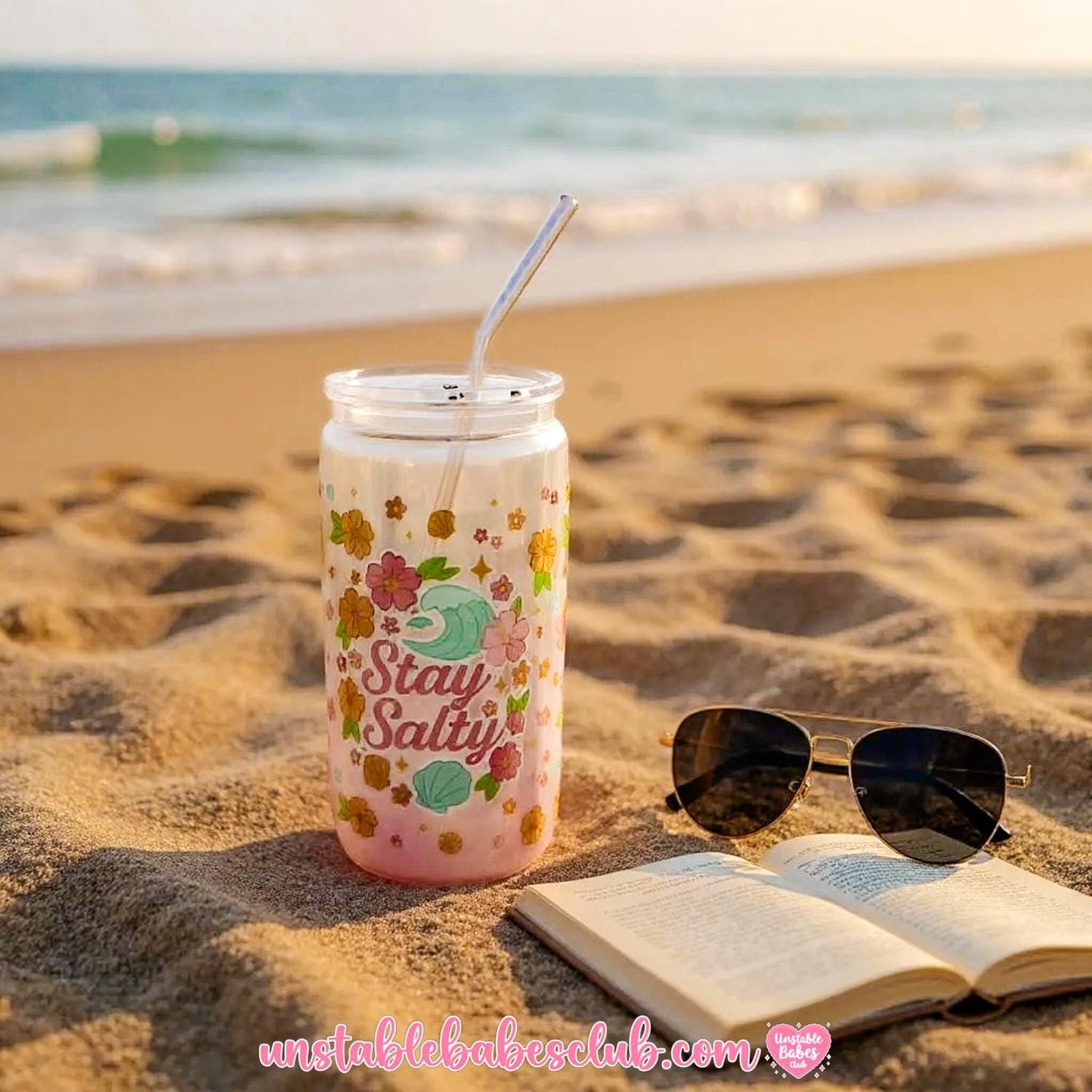 Glass Can Tumbler | Stay Salty | 16oz Iced Coffee Cup with Lid and Straw |