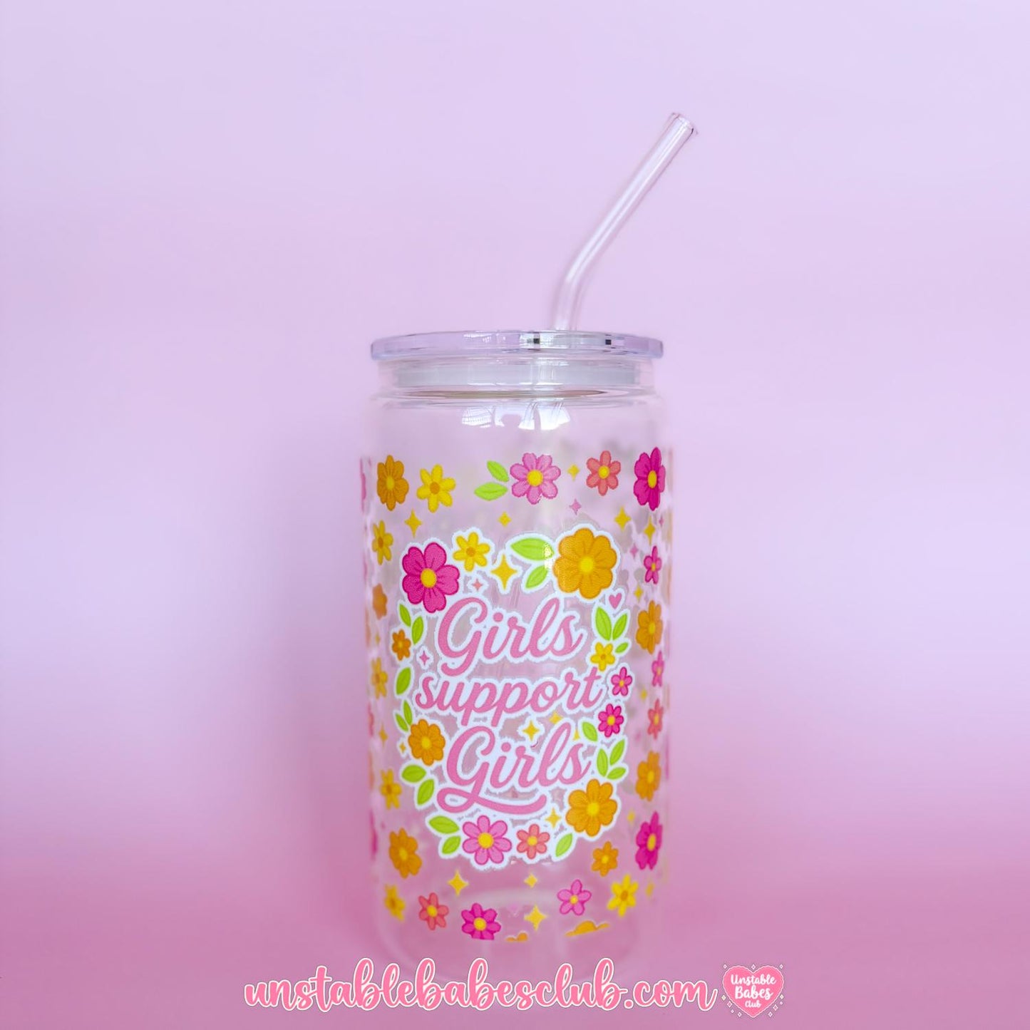 Glass Can Tumbler | Girls Support Girls | 16oz Iced Coffee Cup with Lid and Straw |