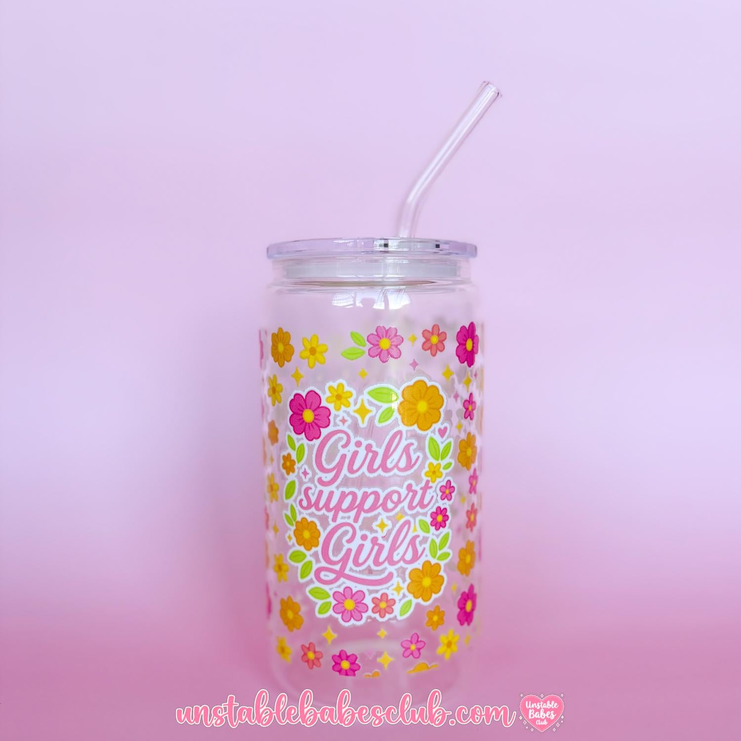 Glass Can Tumbler | Girls Support Girls | 16oz Iced Coffee Cup with Lid and Straw |