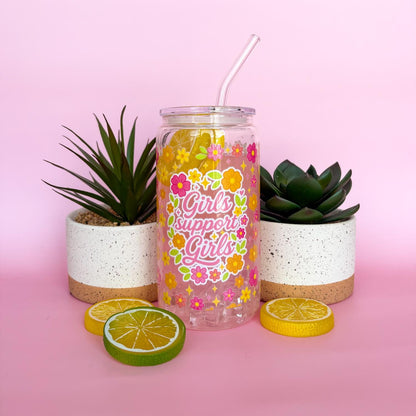 Glass Can Tumbler | Girls Support Girls | 16oz Iced Coffee Cup with Lid and Straw |
