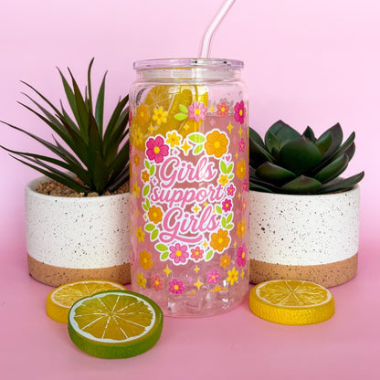 Glass Can Tumbler | Girls Support Girls | 16oz Iced Coffee Cup with Lid and Straw |