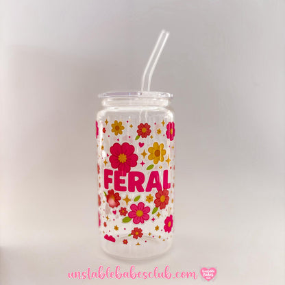 Glass Can Tumbler | Feral | 16oz Iced Coffee Cup with Lid and Straw |