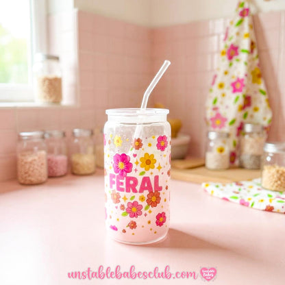 Glass Can Tumbler | Feral | 16oz Iced Coffee Cup with Lid and Straw |