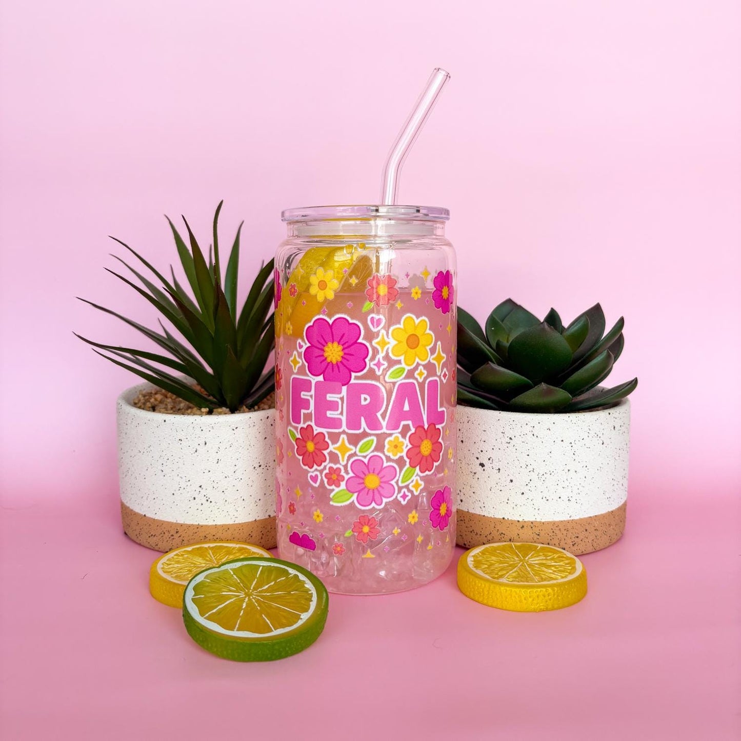 Glass Can Tumbler | Feral | 16oz Iced Coffee Cup with Lid and Straw |