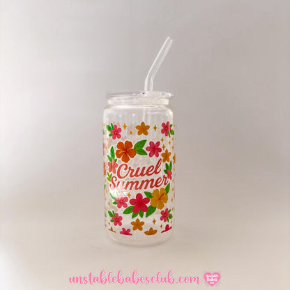 Glass Can Tumbler | Cruel Summer | 16oz Iced Coffee Cup with Lid and Straw |
