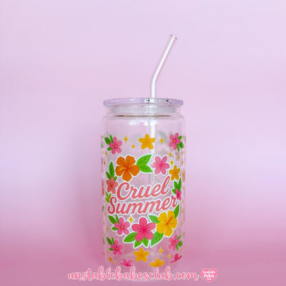 Glass Can Tumbler | Cruel Summer | 16oz Iced Coffee Cup with Lid and Straw |
