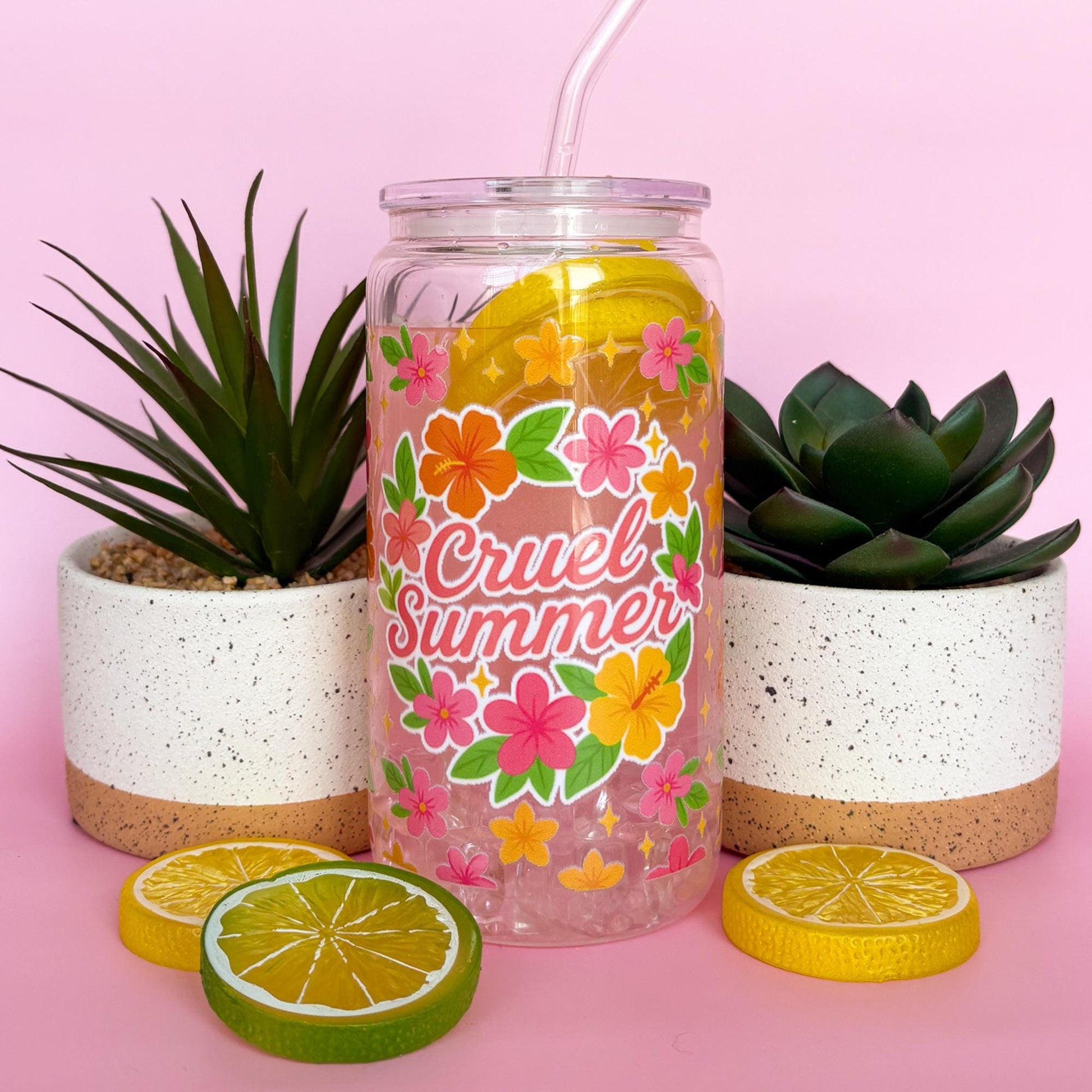 Glass Can Tumbler | Cruel Summer | 16oz Iced Coffee Cup with Lid and Straw |