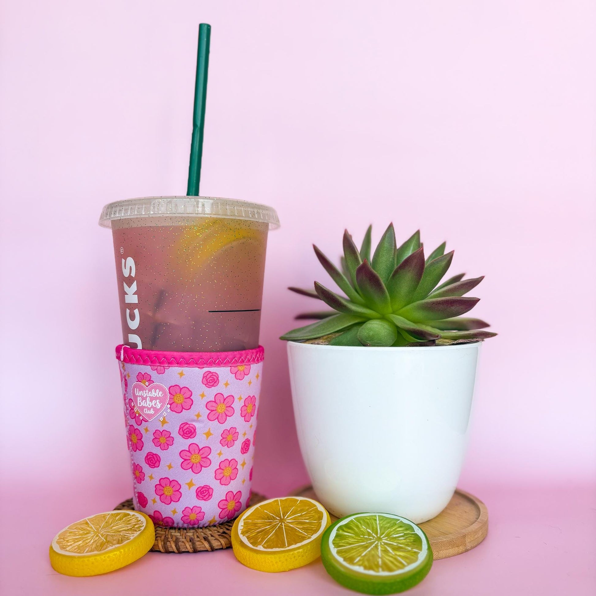 Floral Iced Coffee Cozy: Pink Neoprene Cup Sleeve - Unstable Babes Club