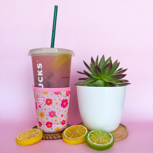 Floral Iced Coffee Cozy: Pink Neoprene Cup Sleeve - Unstable Babes Club