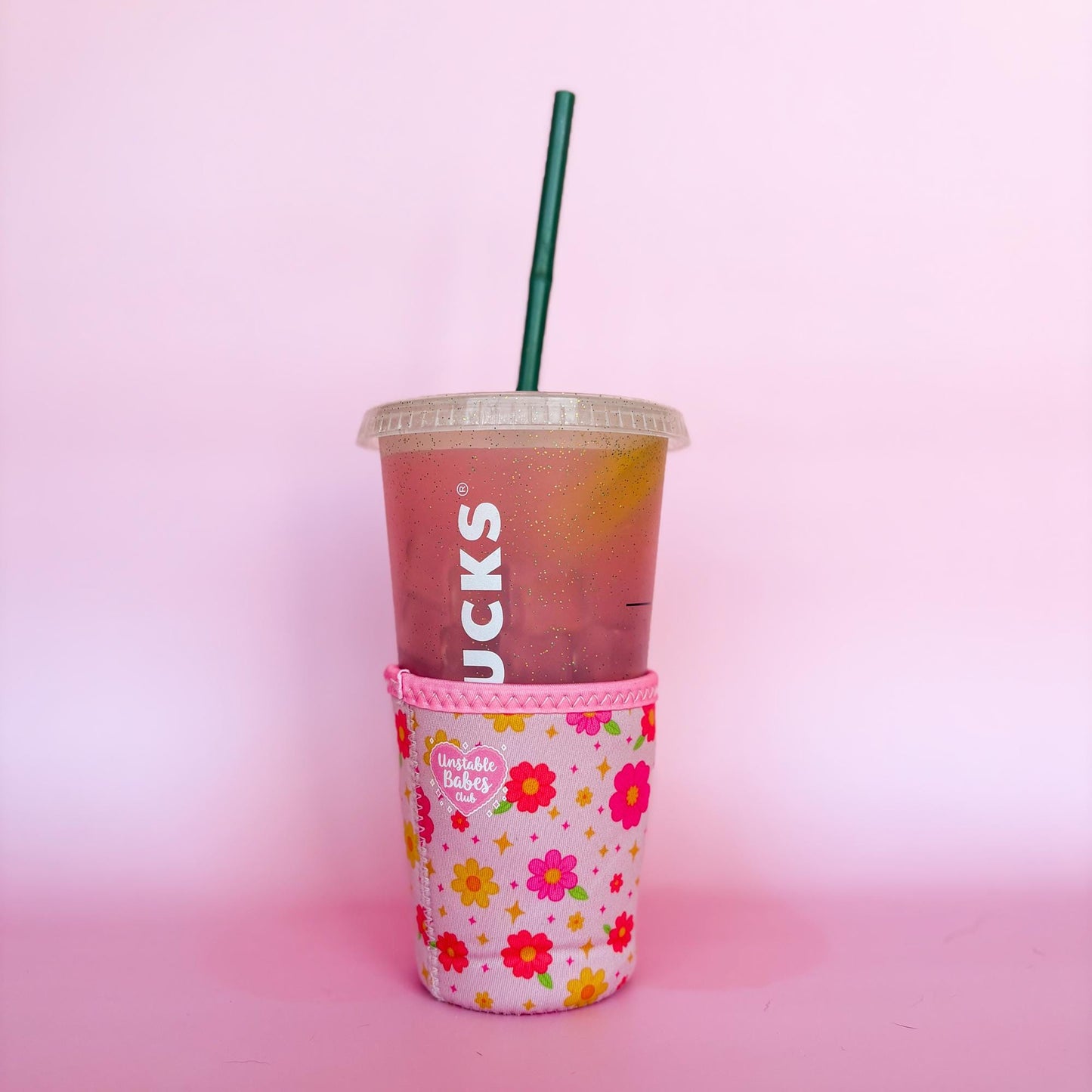 Floral Iced Coffee Cozy: Pink Neoprene Cup Sleeve - Unstable Babes Club