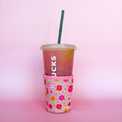 Floral Iced Coffee Cozy: Pink Neoprene Cup Sleeve - Unstable Babes Club