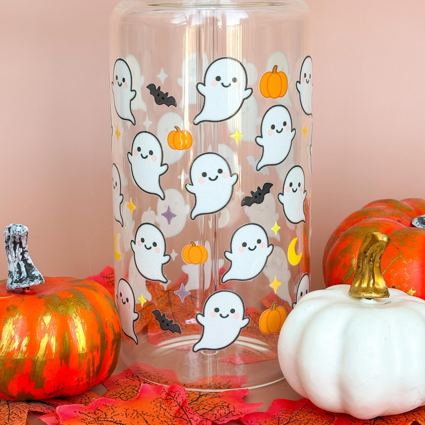 Glass Can Tumbler | Ghosties and Bats | 16oz Iced Coffee Cup with Lid and Straw |