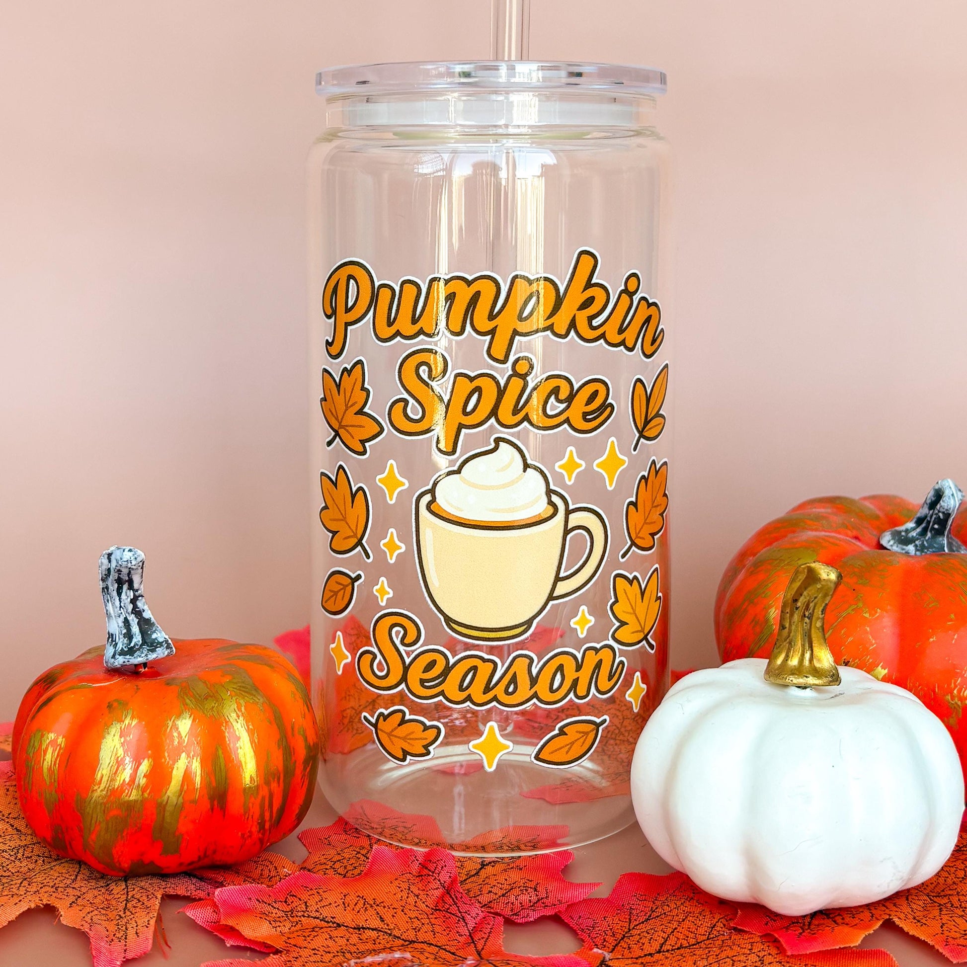 Glass Can Tumbler | Pumpkin Spice Season | 16oz Iced Coffee Cup with Lid and Straw |