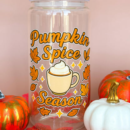 Glass Can Tumbler | Pumpkin Spice Season | 16oz Iced Coffee Cup with Lid and Straw |
