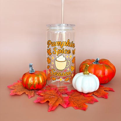Glass Can Tumbler | Pumpkin Spice Season | 16oz Iced Coffee Cup with Lid and Straw |